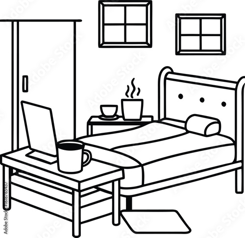 dorm with soft bedding coffee cup and laptop