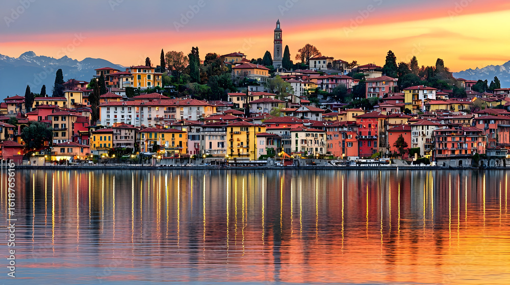 Fototapeta premium Colorful Italian Town at Sunset Reflecting on Lake
