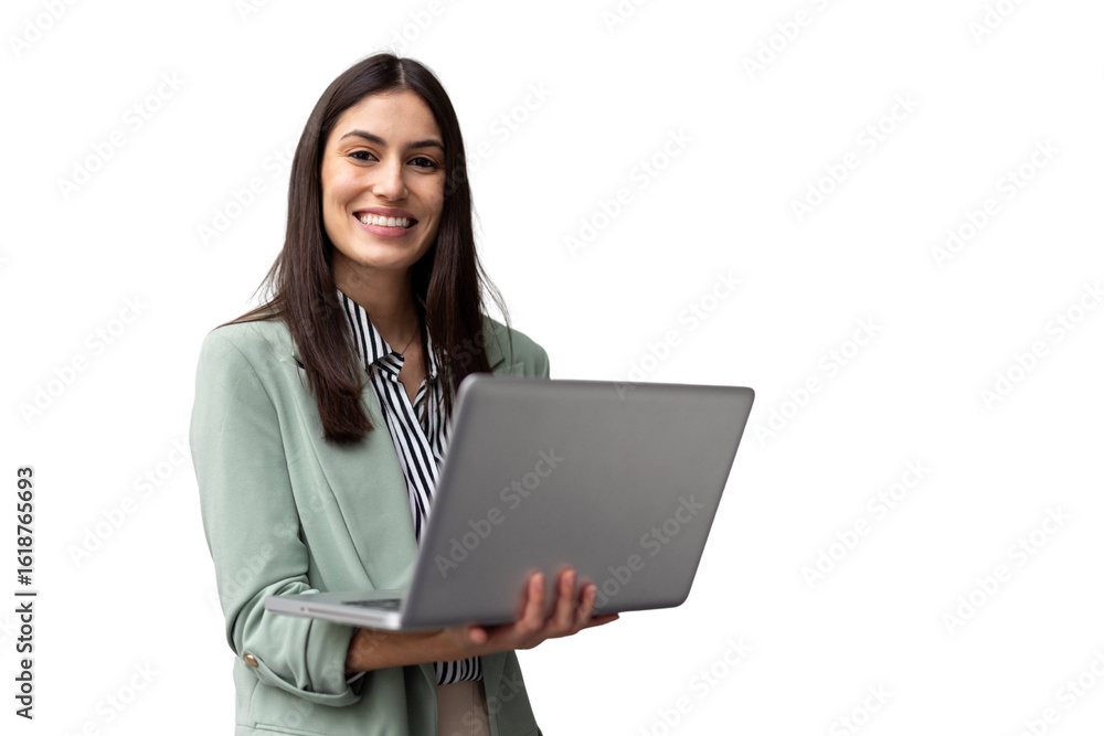 Professional businesswoman smiling, gripping laptop during office work, transparent backdrop enabling seamless digital design integration Professional businesswoman smiling, gripping laptop during office work, transparent backdrop enabling seamless digital design integration