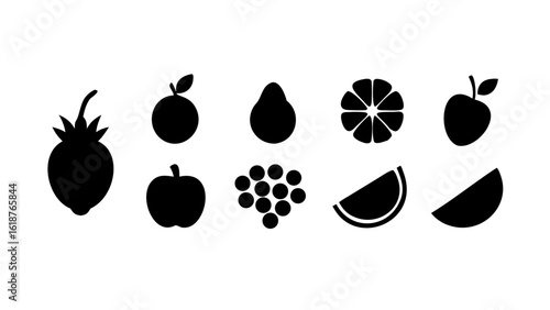 Minimalist Black Fruit Icons on White Background — Modern Flat Design Featuring Pear, Strawberry, Pineapple, Lemon, and Grapes