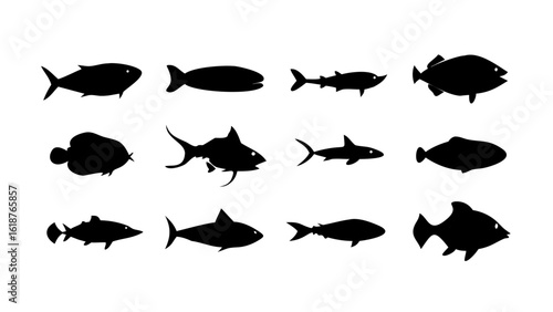 Flat Black Fish Icon Set Featuring Tuna, Salmon, Koi, and More — Minimalist Marine Life Collection on White Background