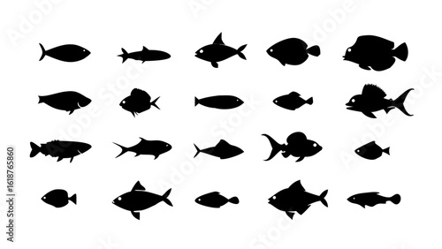 Flat Black Fish Icon Set Featuring Tuna, Salmon, Koi, and More — Minimalist Marine Life Collection on White Background