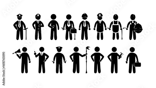 Flat Black Human Profession Icons Including Doctor, Chef, Engineer, and More — Modern Occupation Silhouettes on White Background