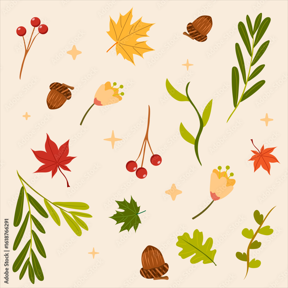 Obraz premium Autumn set. Acorns, maple and oak leaves, red berries, fall herbs. For autumn crafts, seasonal cards, kids projects, wrapping paper.