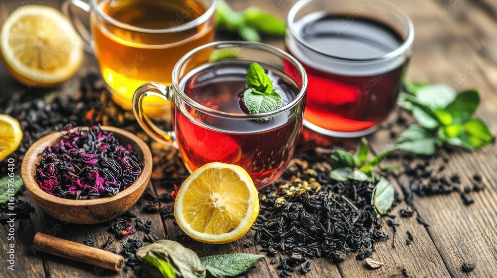 Fototapeta premium Aesthetic Display of Herbal Teas with Fresh Ingredients and Lemons