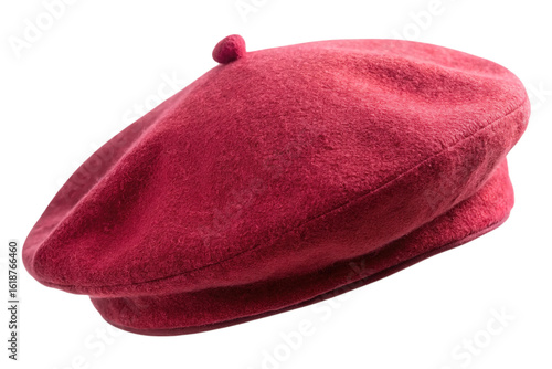 A textured crimson red beret hat with a small pompom on top presented isolated on transparent background
