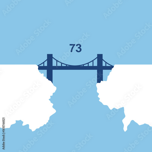 Minimalist illustration of a bridge spanning a gap between two land masses, with the number 73 above it, against a light blue background.