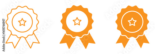 Badge with ribbons icons. Set of three medals icon. Winning award, prize, medal or badge. Vector illustration isolated on white background.