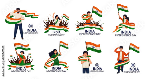A collection of illustrations celebrating India's Independence Day, featuring people with flags.