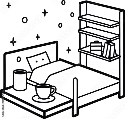 dorm with tidy bed cup of tea and small shelf