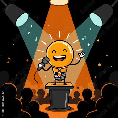 Vector cartoon of light bulb character singing on stage under colorful spotlights