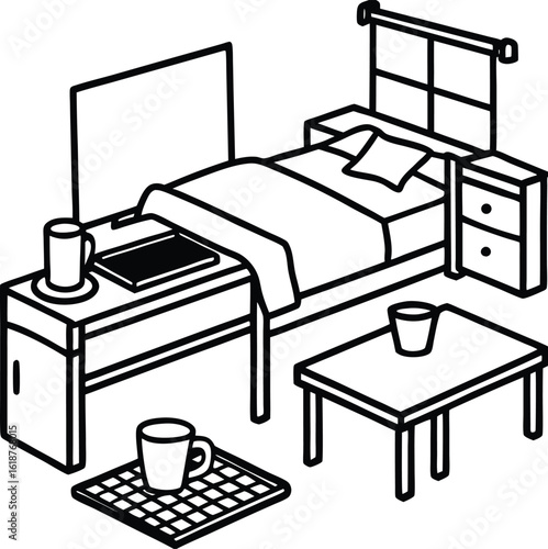 dorm with tidy bed laptop and mug