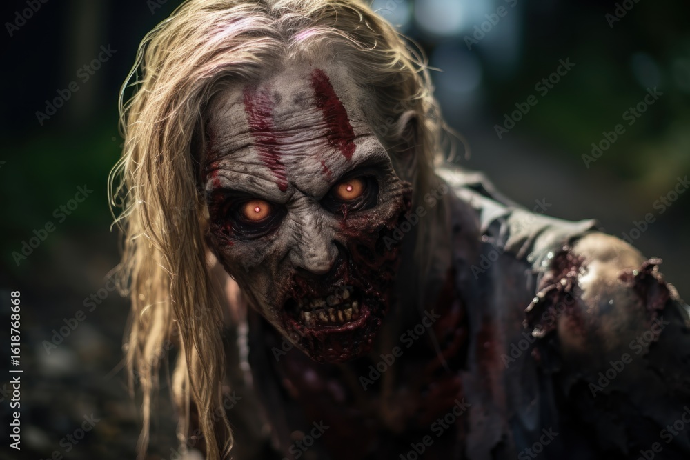 Obraz premium Zombie walk on the street. Horror movie. Halloween. Horror film. Zombie. Zombies. Halloween. Halloween Concept with Copy Space. Zombie Apocalypse Concept with Copy Space.