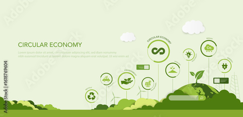 Circular Economy concept. circular economy for future growth of nature and environment sustainable. recycle, Sustainable industry with wind turbines and solar panels. Green energy vector illustration.