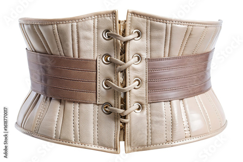 Antique steampunk corset with intricate lacing and textured waistband isolated on transparent background