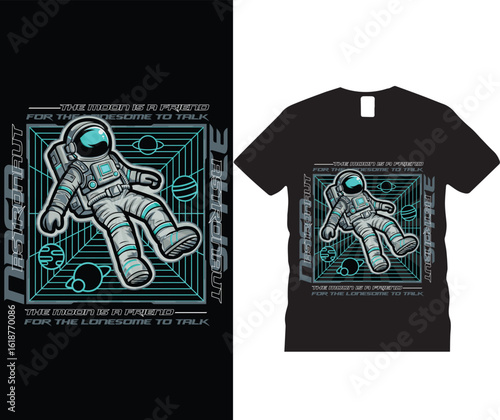 The moon is a friend for the lonesome to talk retro astronaut t-shirt design and floating in space, surrounded by geometric shapes. Print on demand on black t-shirt, Cosmic inspiration quotes.