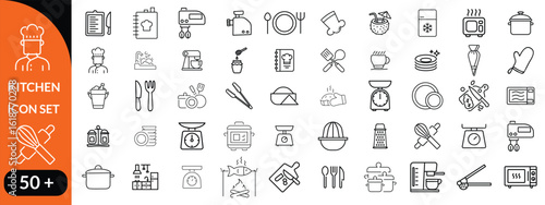 Kitchen Utensil icon set. Editable Stroke Icon Collection. Includes chopping board, cooking pots, frying pan, grater, kitchen scale, and More. Outline icons vector collection