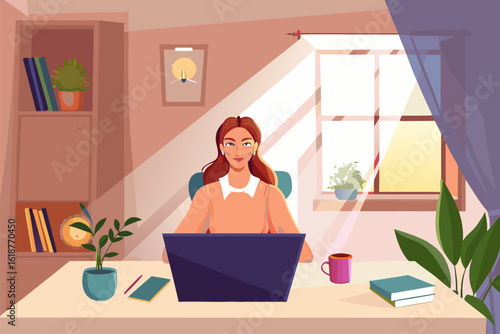 Kobieta pracująca na laptopie w przytulnym, słonecznym domowym biurze. Ilustracja symbolizująca komfort pracy zdalnej.