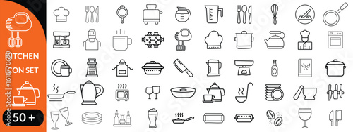 Kitchen Utensil icon set. Editable Stroke Icon Collection. Includes chopping board, cooking pots, frying pan, grater, kitchen scale, and More. Outline icons vector collection