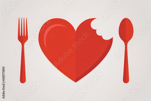 Red heart with bite mark fork and spoon bitten heart