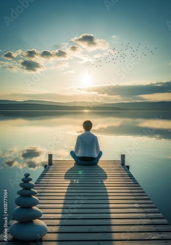 Vertical Image of a Person in Meditation Pose by a Lake at Sunrise