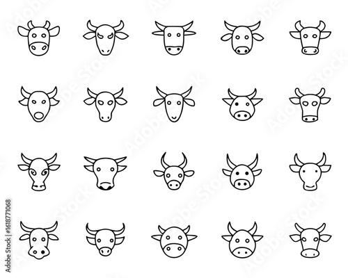 Simple outline cow head icon set featuring farm animal graphics and livestock branding elements