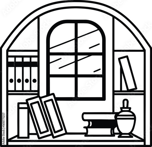bright study area with window view and books