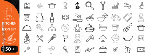 Kitchen Utensil icon set. Editable Stroke Icon Collection. Includes chopping board, cooking pots, frying pan, grater, kitchen scale, and More. Outline icons vector collection