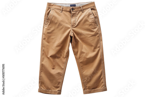 Classic tan chinos with a relaxed fit and subtle side stripe detail isolated on transparent background