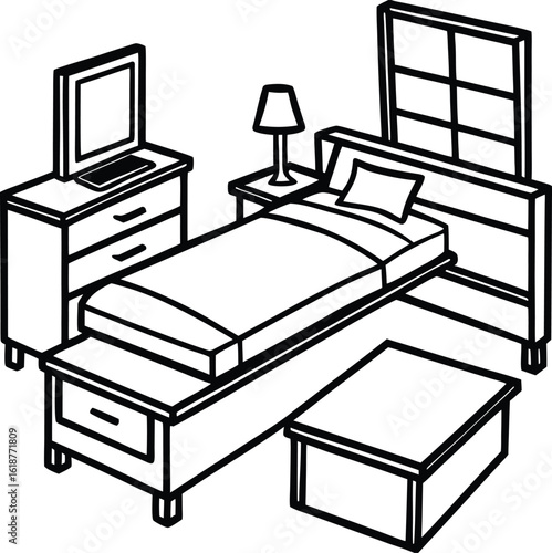 dorm with tidy bed nightstand and warm light