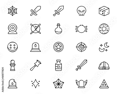 Mystical dark fantasy icon collection showcasing enchanted badges bubbling potions and arcane symbols for game development and digital art projects