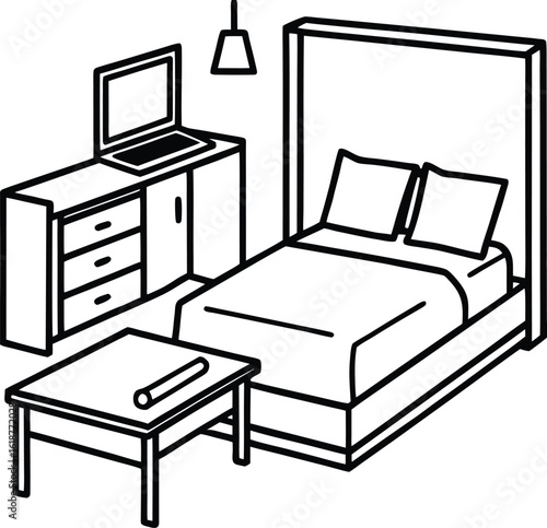 dorm with tidy bed nightstand and potted plant