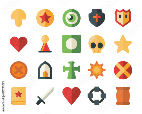 Collection of dark fantasy user interface symbols and action icons for game development and digital applications presented in a cohesive set