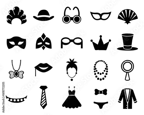 Collection of festive masquerade and dress up themed graphic elements featuring silhouettes and fun decorative accents for celebrations