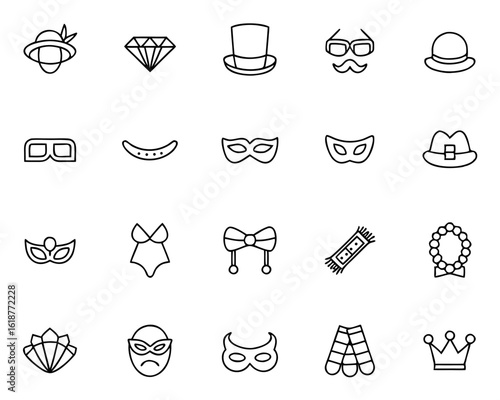 Collection of festive masquerade party silhouettes and playful dress up elements for celebratory events and creative design projects