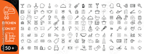 Kitchen Utensil icon set. Editable Stroke Icon Collection. Includes chopping board, cooking pots, frying pan, grater, kitchen scale, and More. Outline icons vector collection