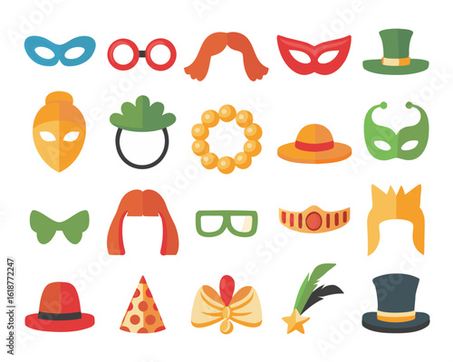 Collection of festive masquerade and dress up themed graphic elements featuring silhouettes and fun party accents