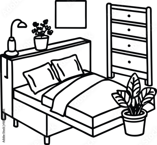 dorm with tidy bed nightstand and warm light
