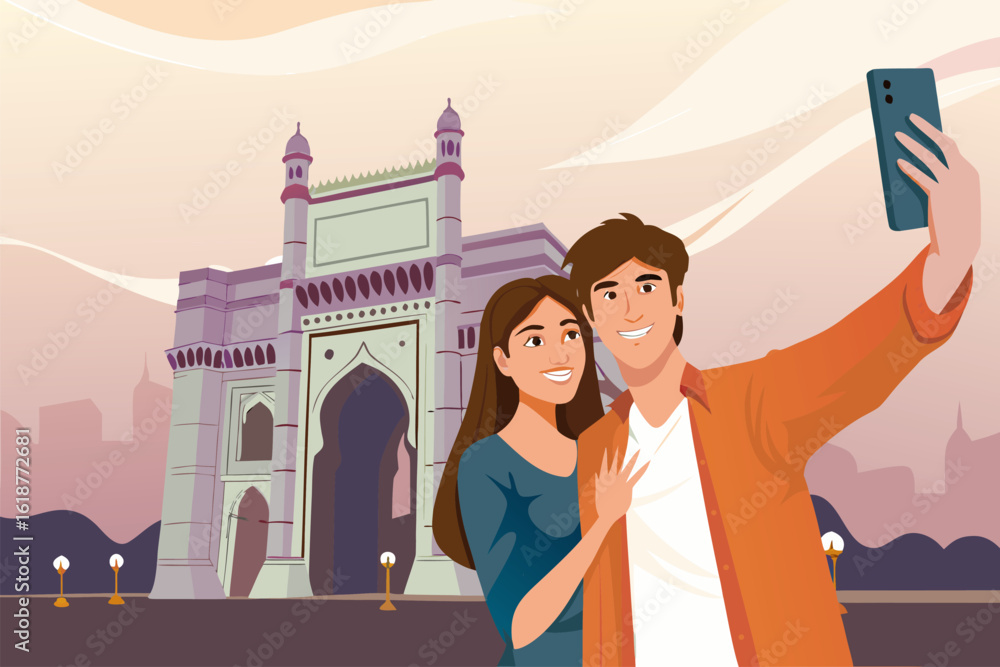 Obraz premium Para turystów robiąca selfie na tle Bramy Indii w Bombaju. Ilustracja symbolizująca romantyczną podróż i wspomnienia z wakacji.
