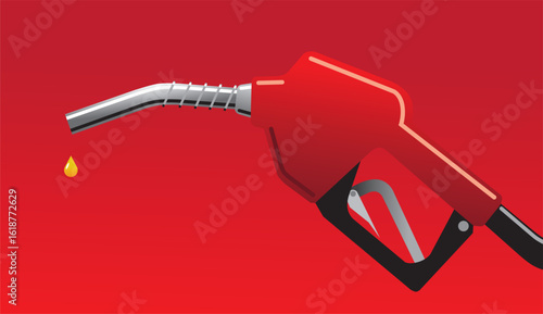 Fuel dripping from a red gas pump nozzle on red background