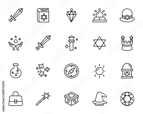 Comprehensive collection of mystical symbols and artifacts for magical quests fantasy adventures and exploration themes presented in a striking graphic format