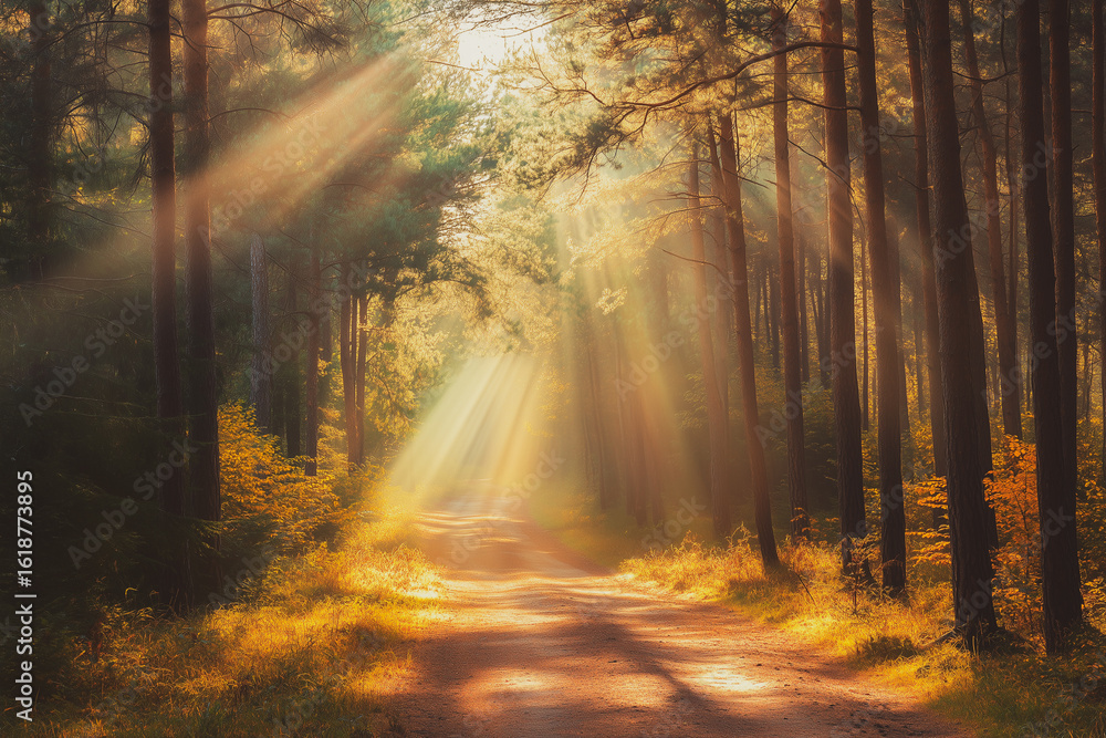 Naklejka premium Bright rays of sunlight on the pine fall forest road. Magical autumn forest in the morning sunlight rays