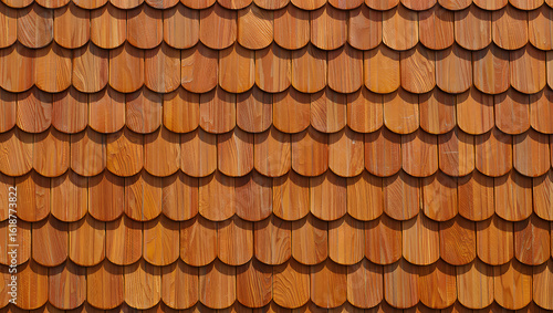 Detail of a traditional wooden shingle roof with warm color tones providing rustic charm and weather protection