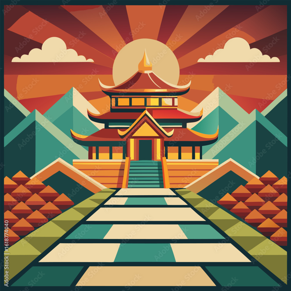 Fototapeta premium Asian temple complex at sunrise in a stylized landscape. Architectural structure with pathway leading to it. mountain backdrop and vibrant colors.