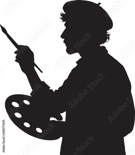 Artist holding brush and palette silhouette painter