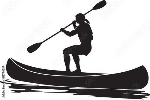 Canoeist girl rowing in canoe silhouette