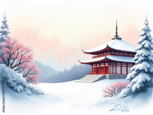 Wallpaper Mural Temple japonais enneigé au lever du soleil, entre sérénité, nature paisible et harmonie spirituelle Torontodigital.ca