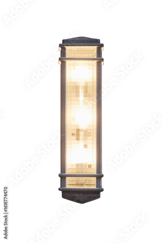an illuminated rectangular wall sconce in art deco style on a transparent background