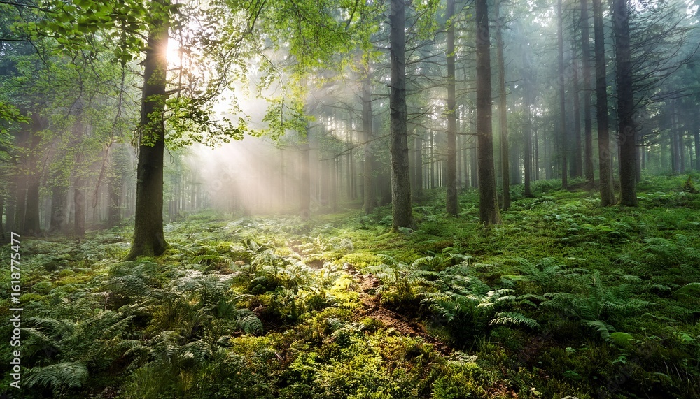 Fototapeta premium lush forest landscape with misty atmosphere and sunlight filtering through trees