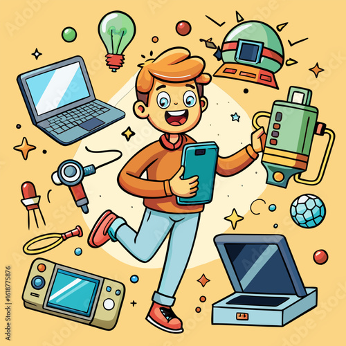Young boy in casual clothing exploring technology in a playful. animated style. Excited child holding a phone and trophy with retro tech items scattered around.